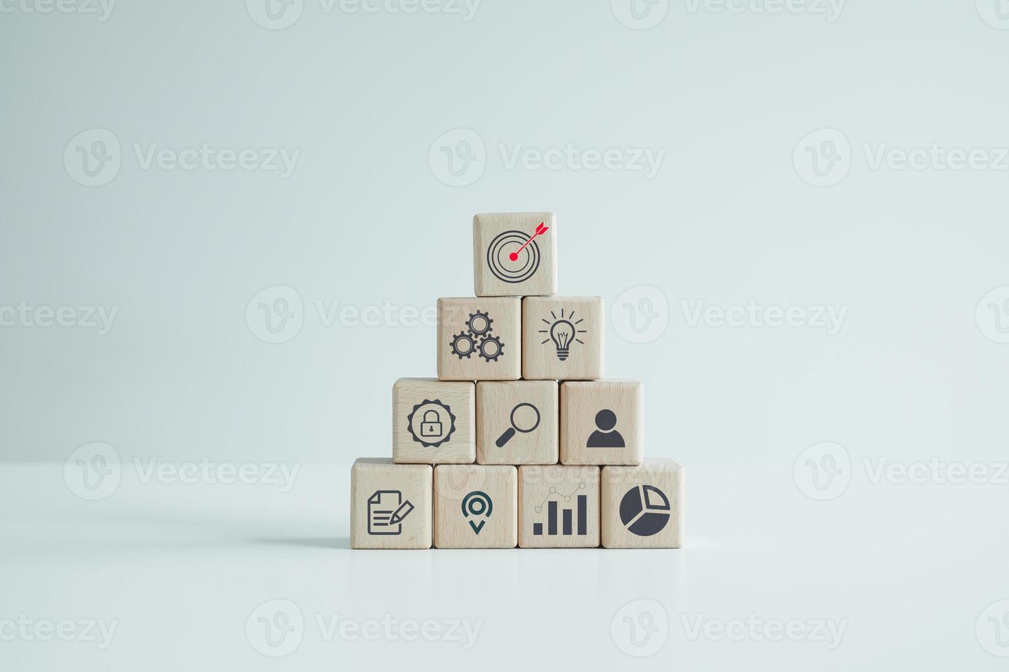 Wood block stacking with business strategy and Action plan,Goal and target. Goal or agenda setting in business development concept. photo