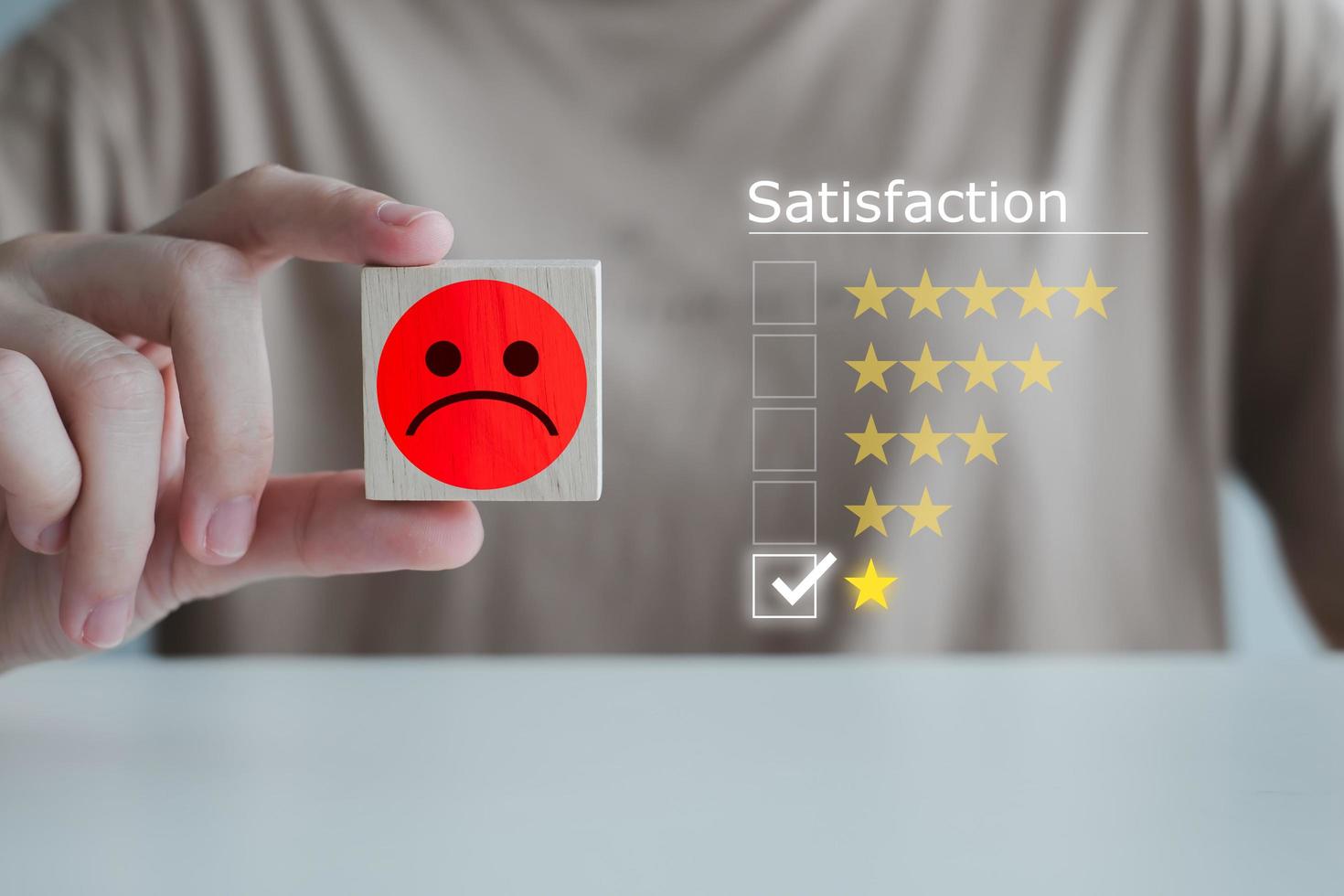 Customer service rating experience, feedback emotion and satisfaction survey with negative, neutral and positive facial expressions. hand showing sad face icon on wood cube with 1 star. photo