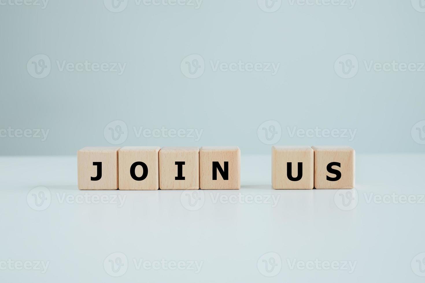 The words JOIN US on wooden cube. Team Recruitment Register Membership Hiring, Human resources management and Business concept. photo