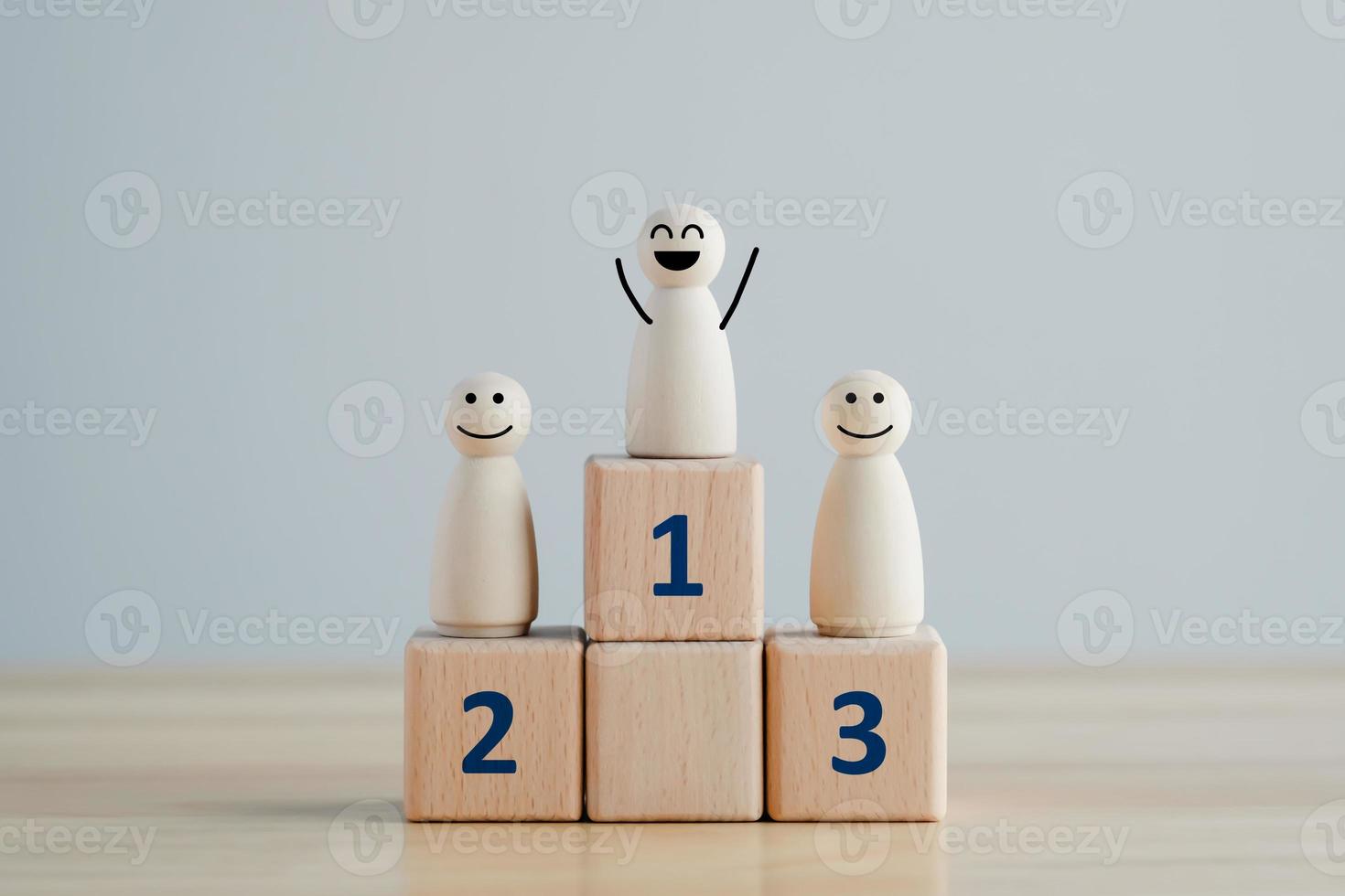 Wooden human with happy face standing on podium ranking for winner business and sport competition. Human resource, Talent management, Recruitment employee, Successful business team leader concept. photo