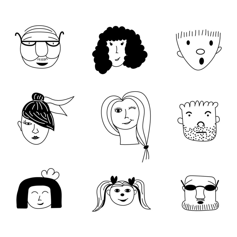 personas cabezas dibujadas a mano diferentes emociones vector