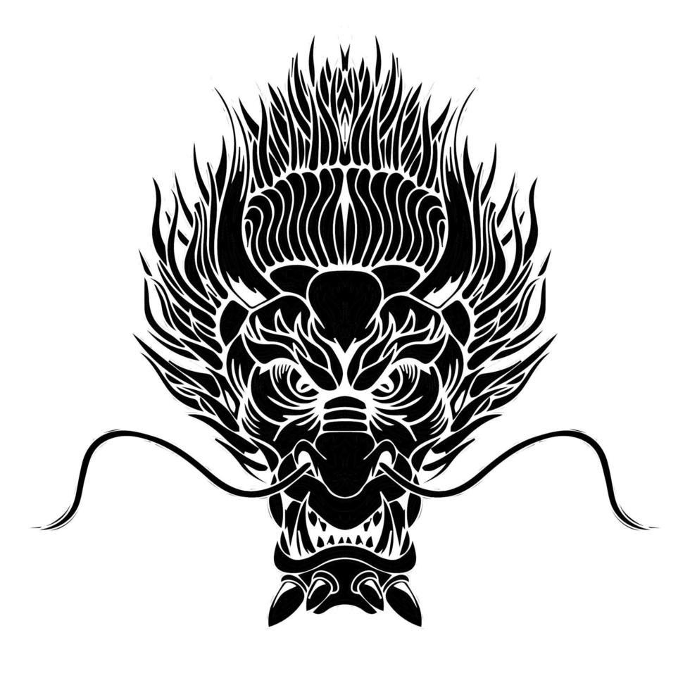 Hand drawn dragon head tattoo, black and white mythology vector