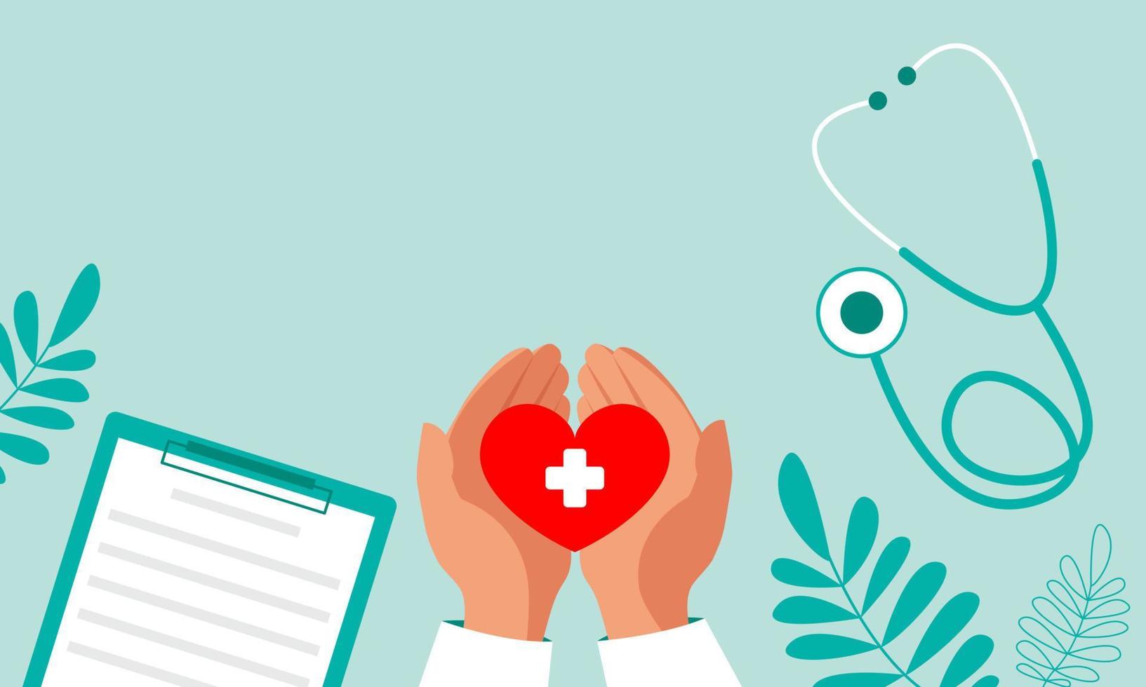 las manos de un profesional médico sostienen un corazón, una tableta y un estetoscopio, vista superior. banner con espacio de copia. ilustración de stock vectorial. vector