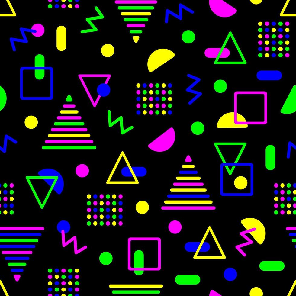 Geometric shapes of neon color on a black background abstract seamless pattern in memphis style. Textile design, wallpaper, packaging and advertising. Vector stock illustration.