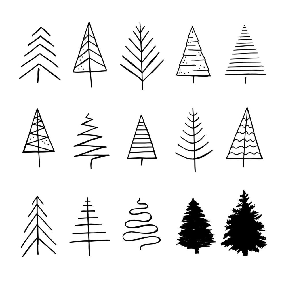 Christmas trees abstract set hand drawing sketch in doodle style isolated on white background. Vector stock illustration.