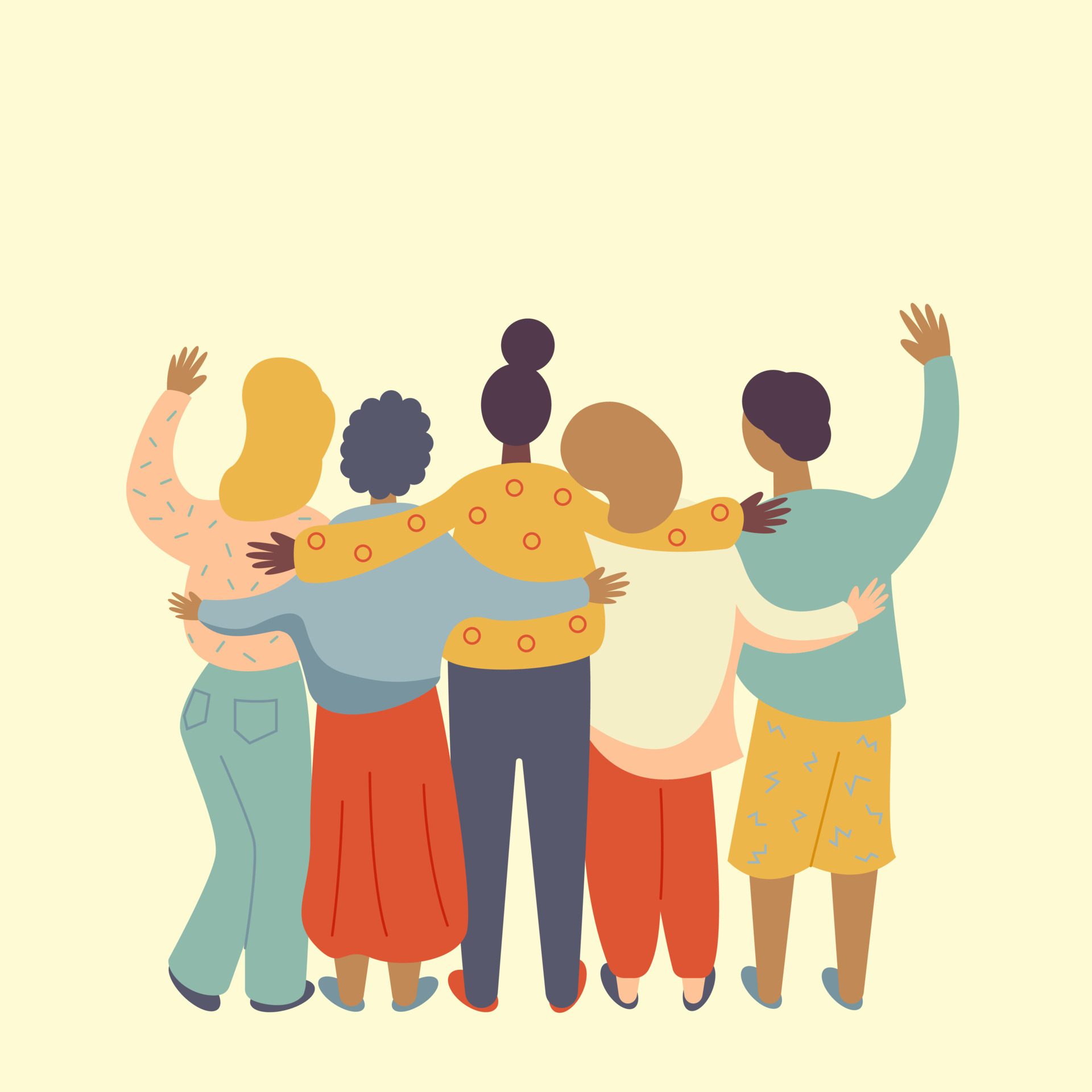 People friends stand with their backs hugging. Friendship concept, human solidarity day. Vector stock illustration. 10814853 Vector Art at Vecteezy People friends stand with their backs hugging. Friendship concept, human solidarity day. Vector stock illustration. 10814853 Vector Art at Vecteezy
