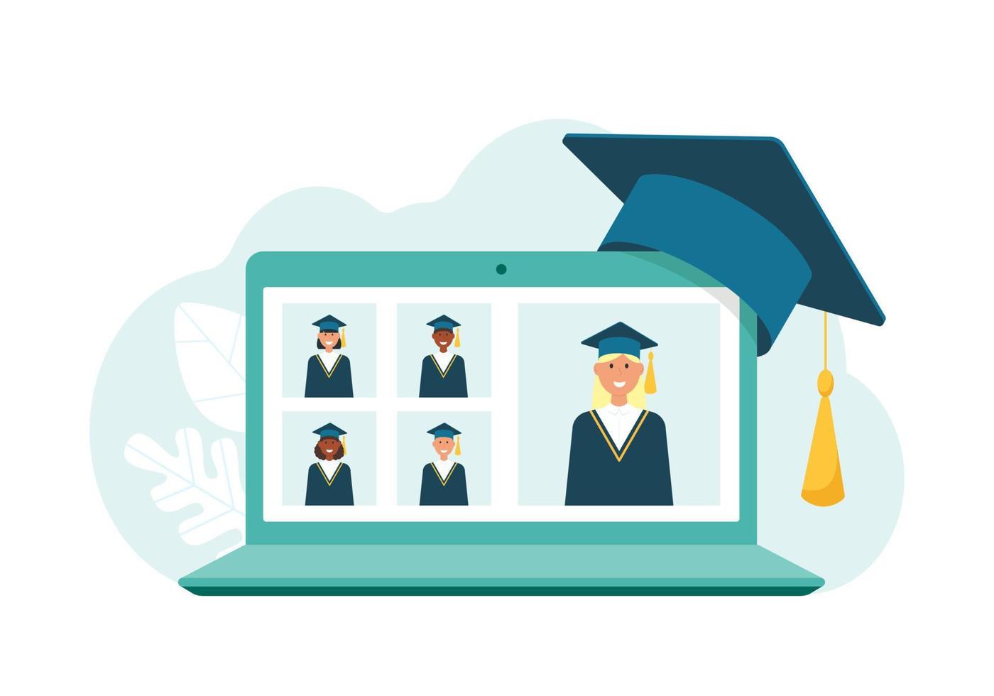 Virtual online graduation ceremony and congratulations of students. Graduation concept during coronavirus pandemic, distance learning. Vector stock illustration.