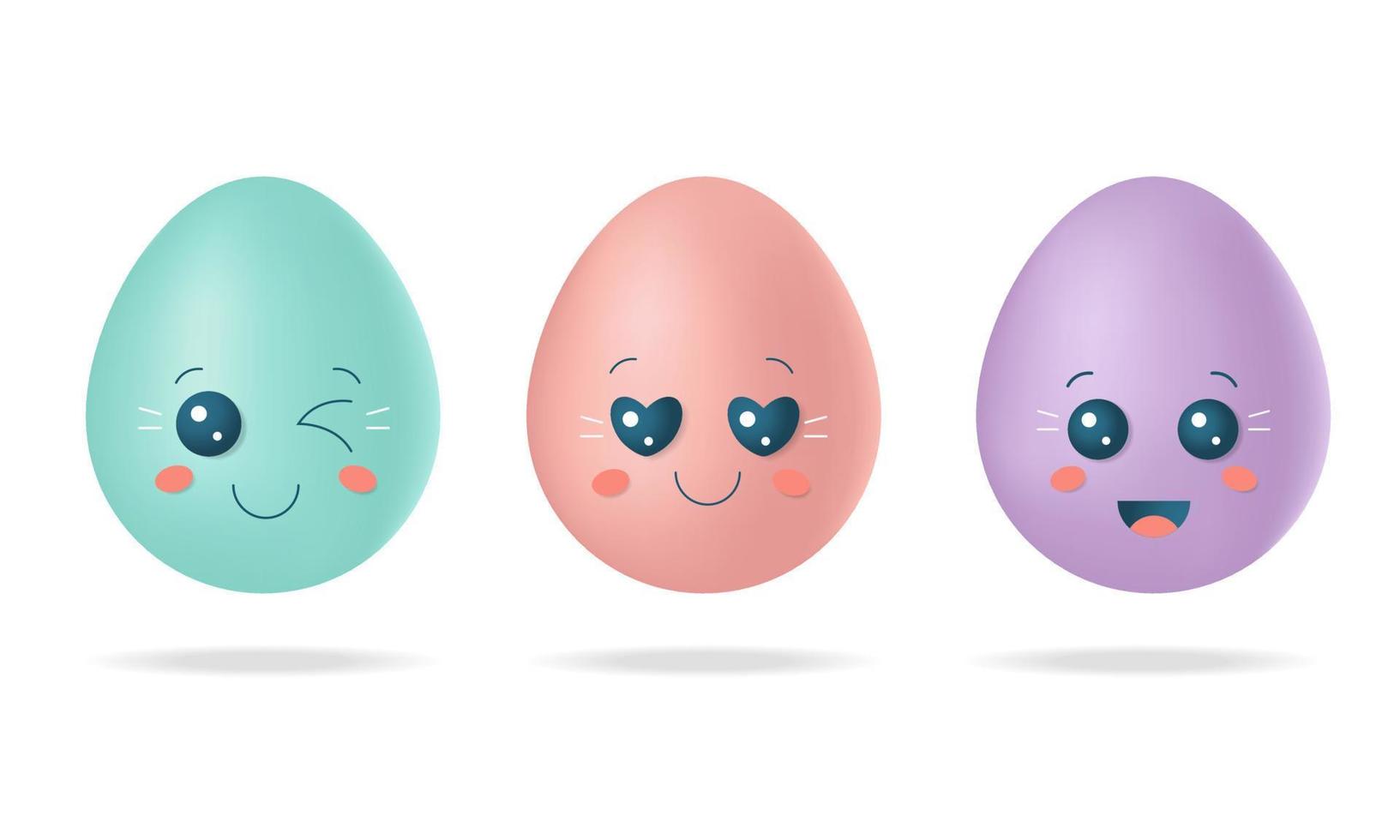 Set of cute 3D Easter eggs with face emotions isolated on white background. Vector stock illustration.