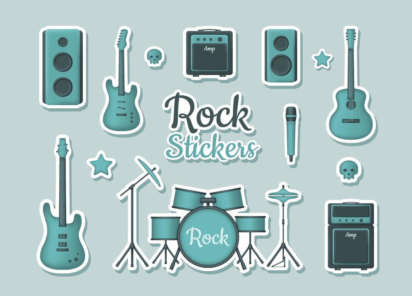 conjunto de pegatinas 3d con instrumentos musicales para conciertos de rock sobre fondo turquesa. guitarra acústica, eléctrica y bajo, amplificador, kit de batería, parlantes y micrófono. ilustración vectorial vector