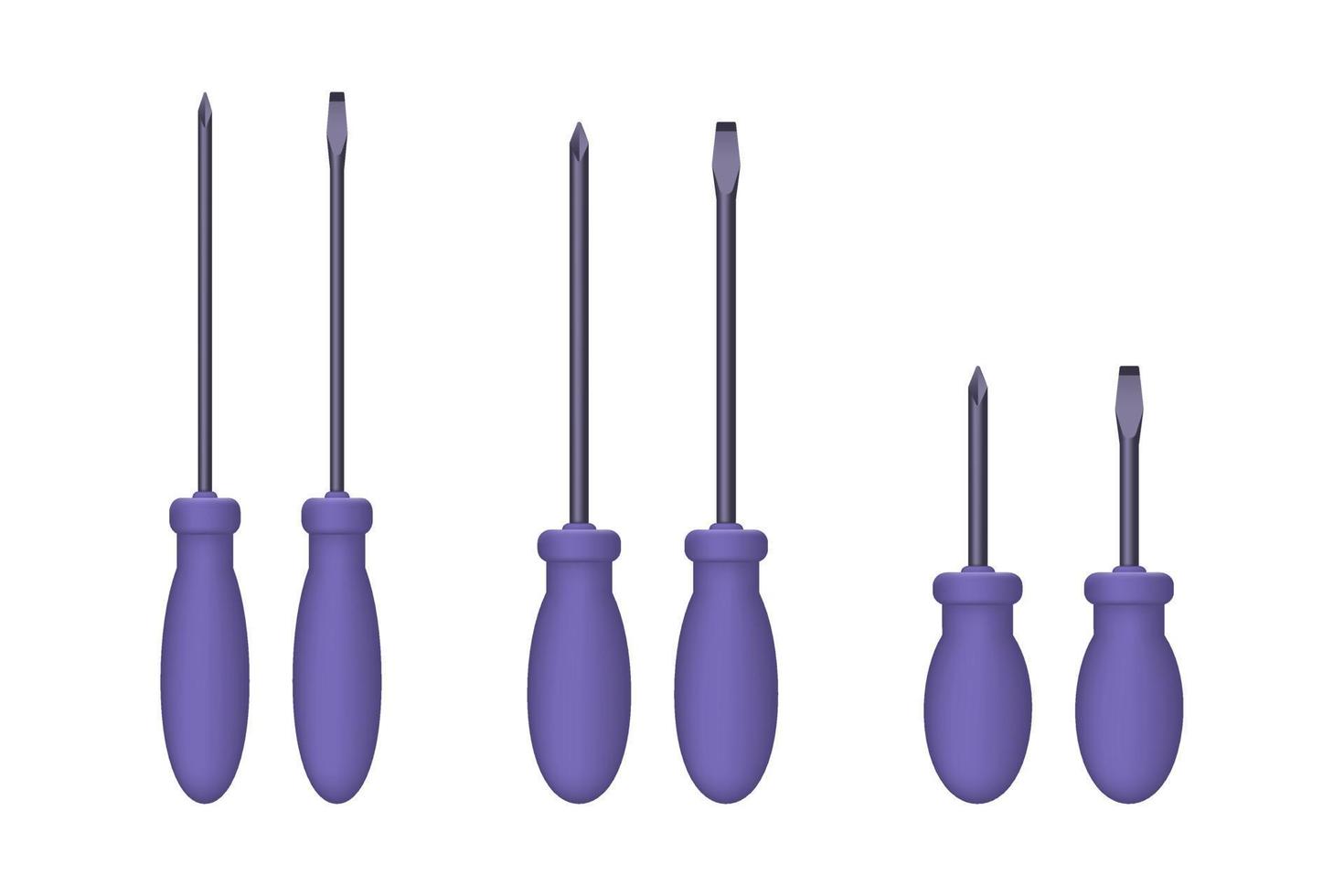 Set of purple 3d screwdrivers isolated on white background vector