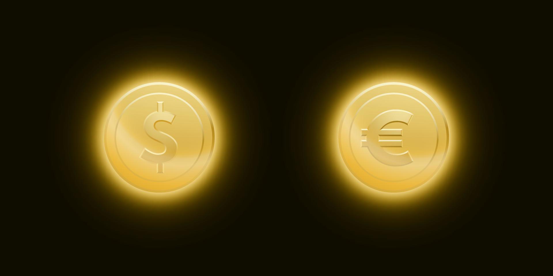 Set of gold dollar and euro coins with a bright glow on dark background vector