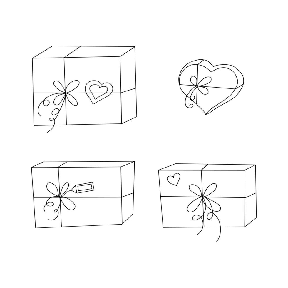 gift box with ribbon and bow set isolated on white. hand drawn in doodle style vector