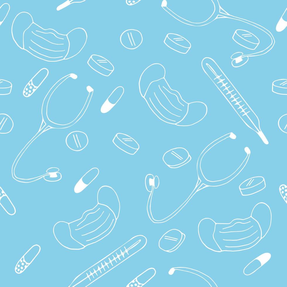 pastillas, estetoscopio, mascarilla, termómetro, cápsulas, patrón sin costuras, garabato dibujado a mano. , escandinavo, minimalismo nórdico fondos de pantalla fondo medicina drogas vector