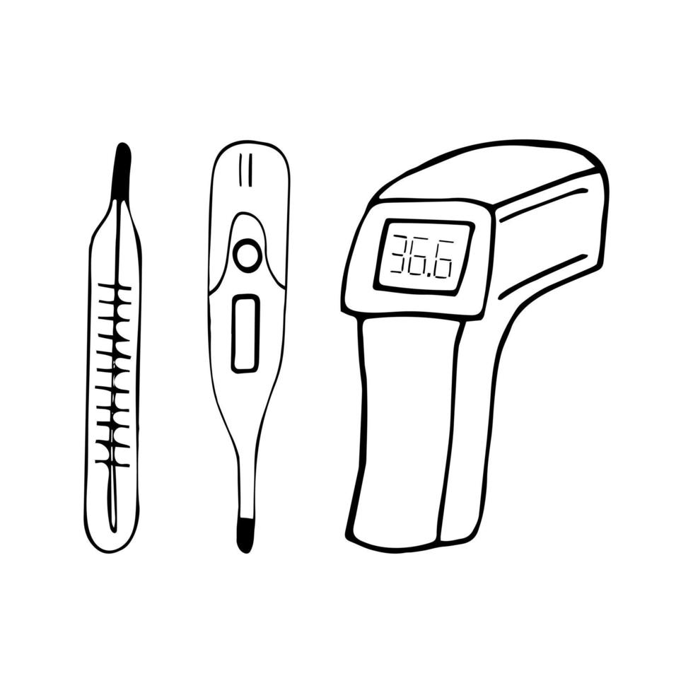 médico sin contacto, termómetro electrónico y garabato dibujado a mano de mercurio. , escandinavo, nórdico, minimalismo, monocromo. establecer icono. salud temperatura corporal medicina vector