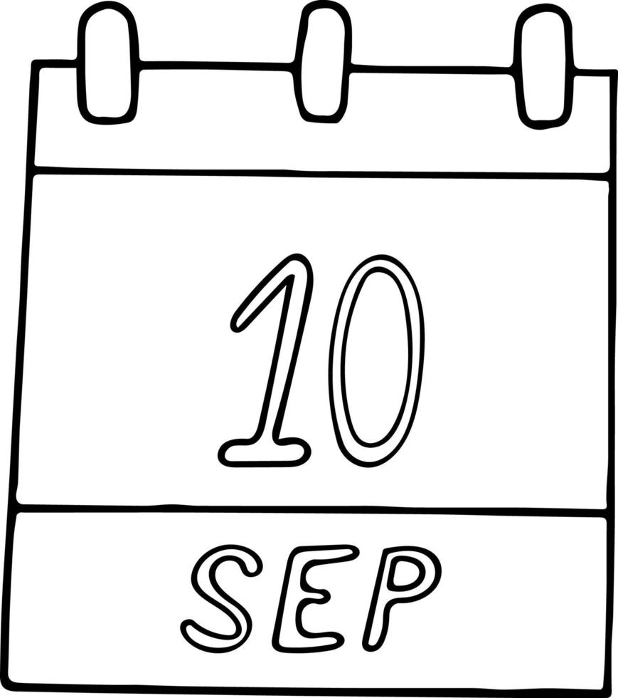 calendar, doodle, September, 10, World, Suicide, Prevention, Day, autumn, fall, hand, drawn, white, sketch, single, event, symbol, design, month, element, date, sign, office, number, plan, vector