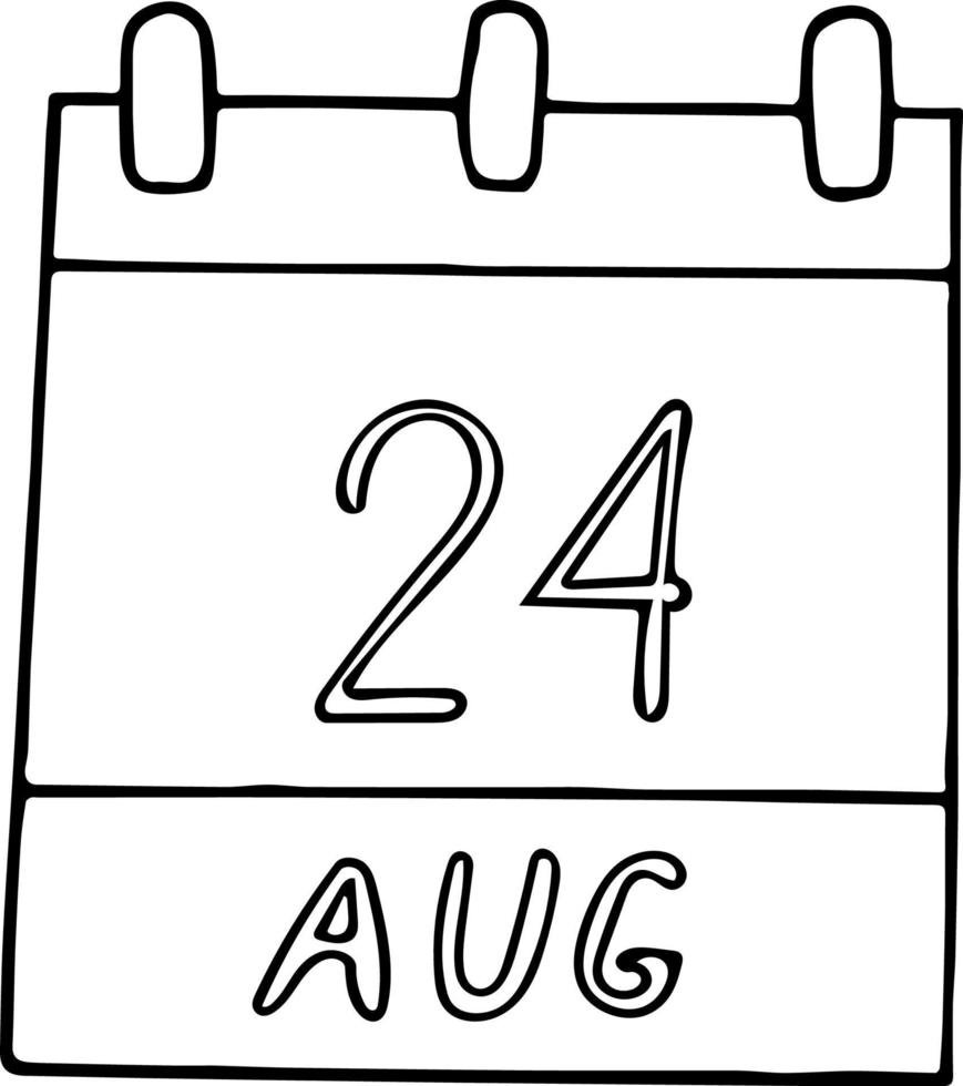 calendar hand drawn in doodle style. August 24. National Waffle Day, date. icon, sticker element for design. planning, business holiday vector