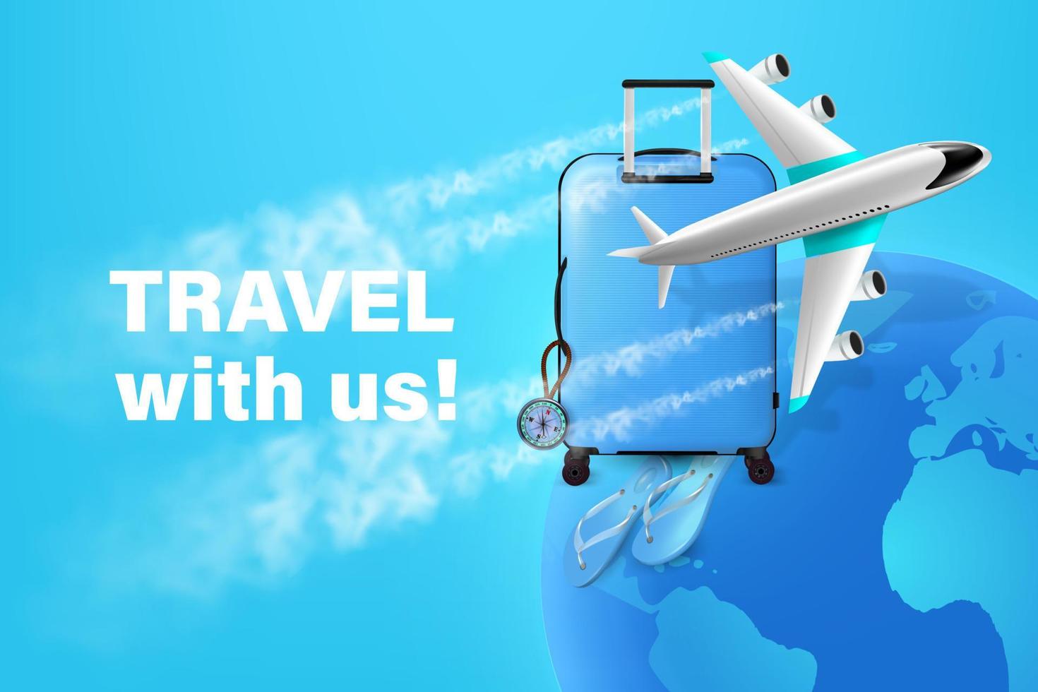 Vector realistic 3d luggage and plane on earth background placed to create tourism advertisement on blue background, for travel and transport concept design.