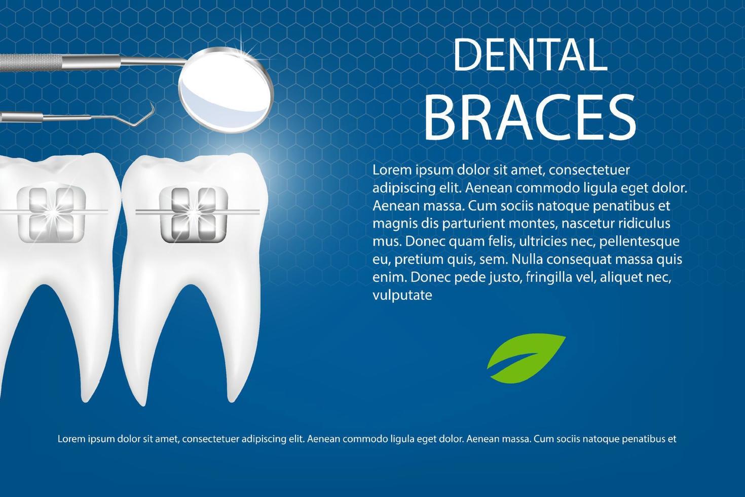 Ilustración de vector 3d, dientes realistas con aparatos ortopédicos y herramientas dentales. alineación de dientes, frenos.