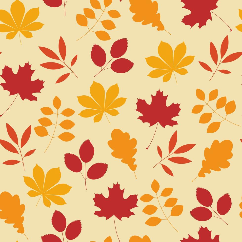 seamless autumn pattern with oak, maple, chestnut leaves. beige, orange and red colors. suitable for fabric pattern, wallpaper, gift paper. cartoon vector illustration.