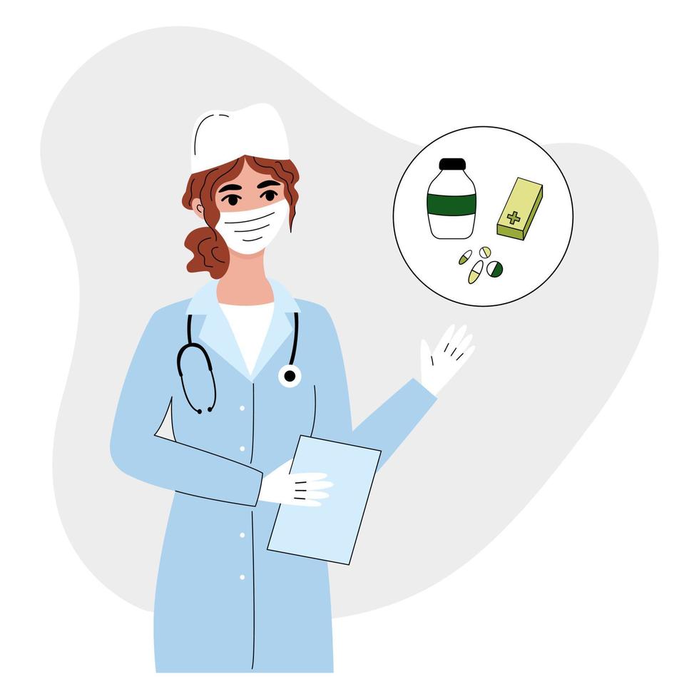 Monkeypox virus treatment. Young female doctor recommends treatment for monkeypox virus. Doctor selects medicines. Template for design. Vector illustration in flat style.