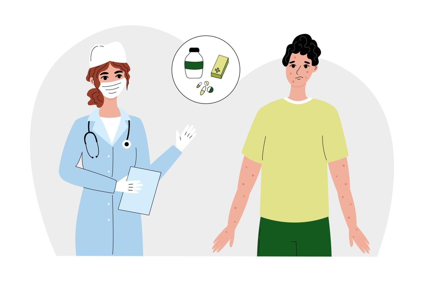 Monkeypox virus infographics doctor patient. A female doctor tells a patient about the treatment of monkeypox virus. Medical concept. Vector illustration in a flat style.