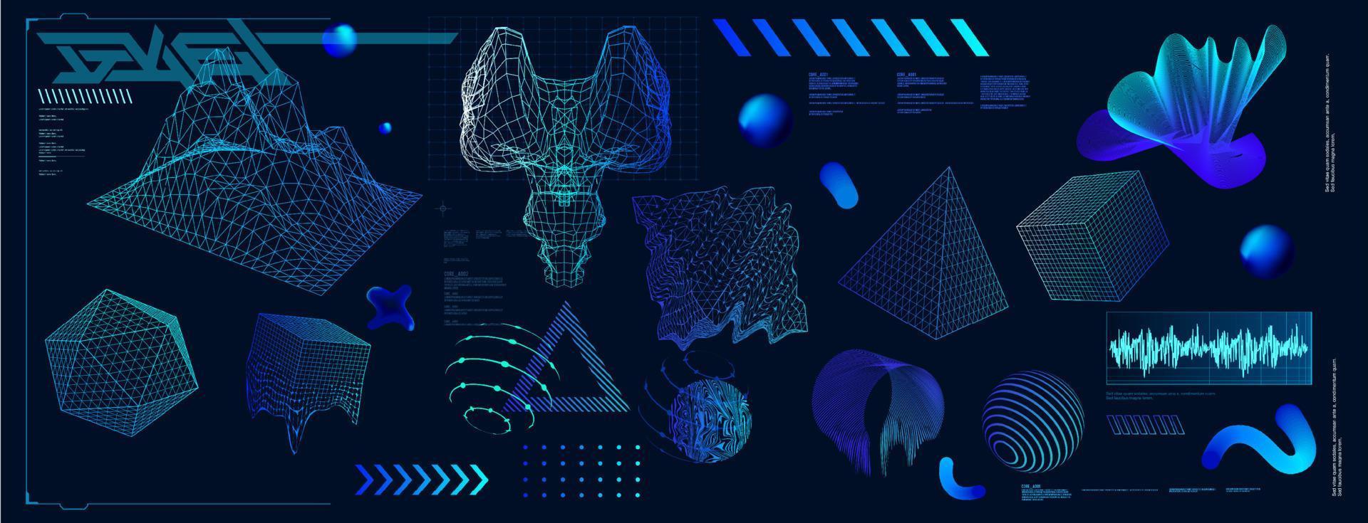 Holographic Retro futuristic 80s-90s style. Cyberpunk concept. Shapes design elements, retro vibe, vector