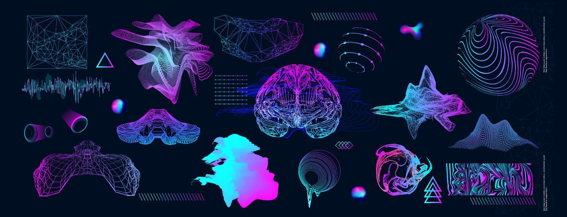 Holographic Retro futuristic 80s-90s style. Cyberpunk concept. Shapes design elements, retro vibe, vector