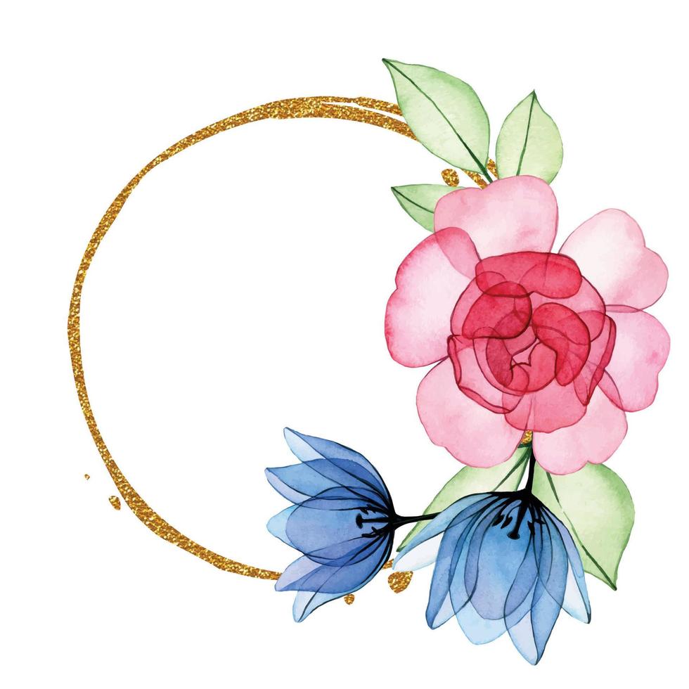 watercolor drawing. golden frame, wreath of transparent flowers and rose leaves. pink rose x-ray vector