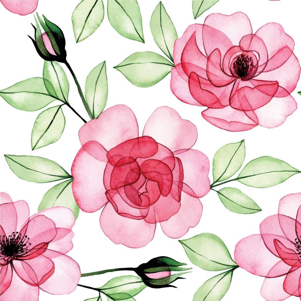 watercolor drawing. seamless pattern of transparent flowers, pink roses, buds and leaves. x-ray, print for fabric, scrapbooking vector