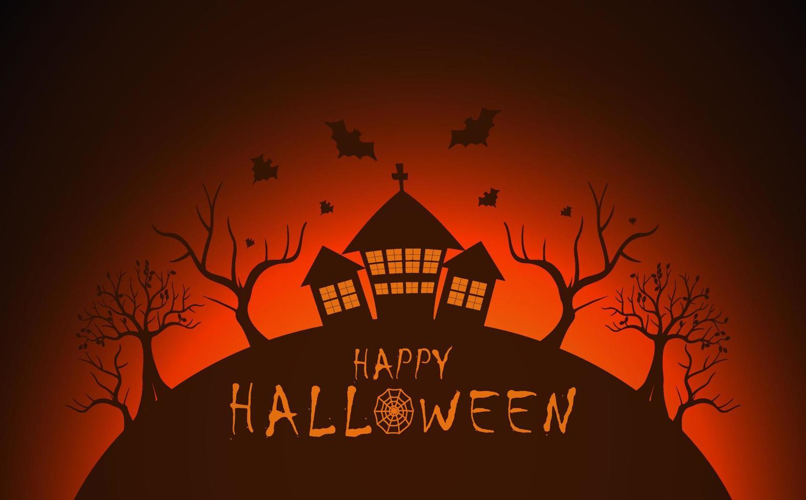 Halloween background with old house and leafless tree, spooky full moon in the night sky realistic illustration vector