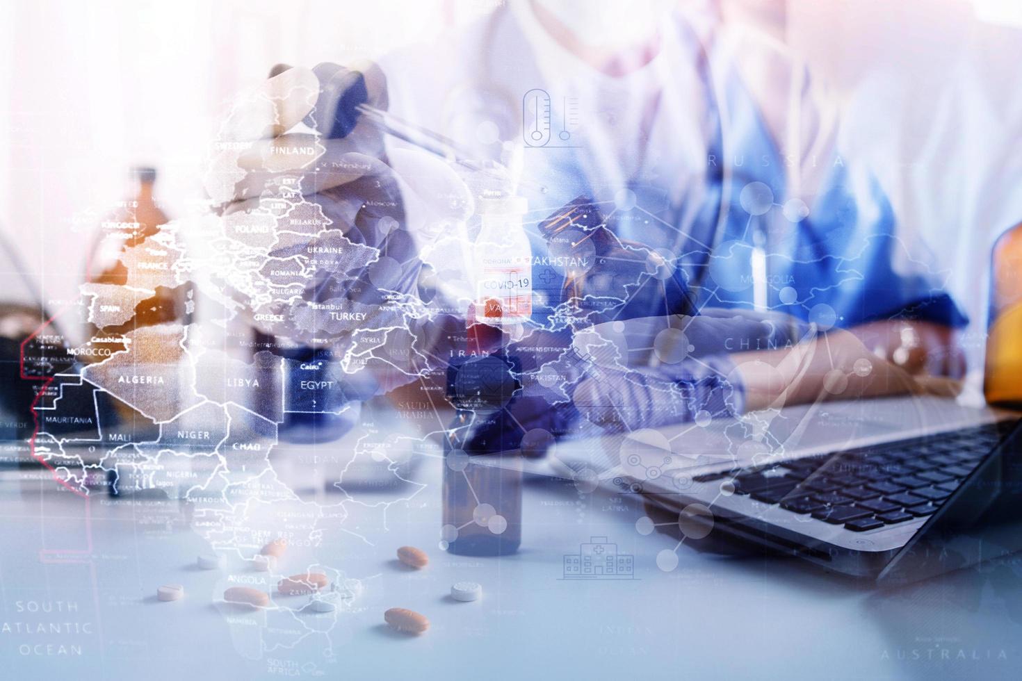 Double exposure of technology healthcare And Medicine concept. Two doctors using digital tablet and modern virtual screen interface icons panoramic banner, blurred background. photo