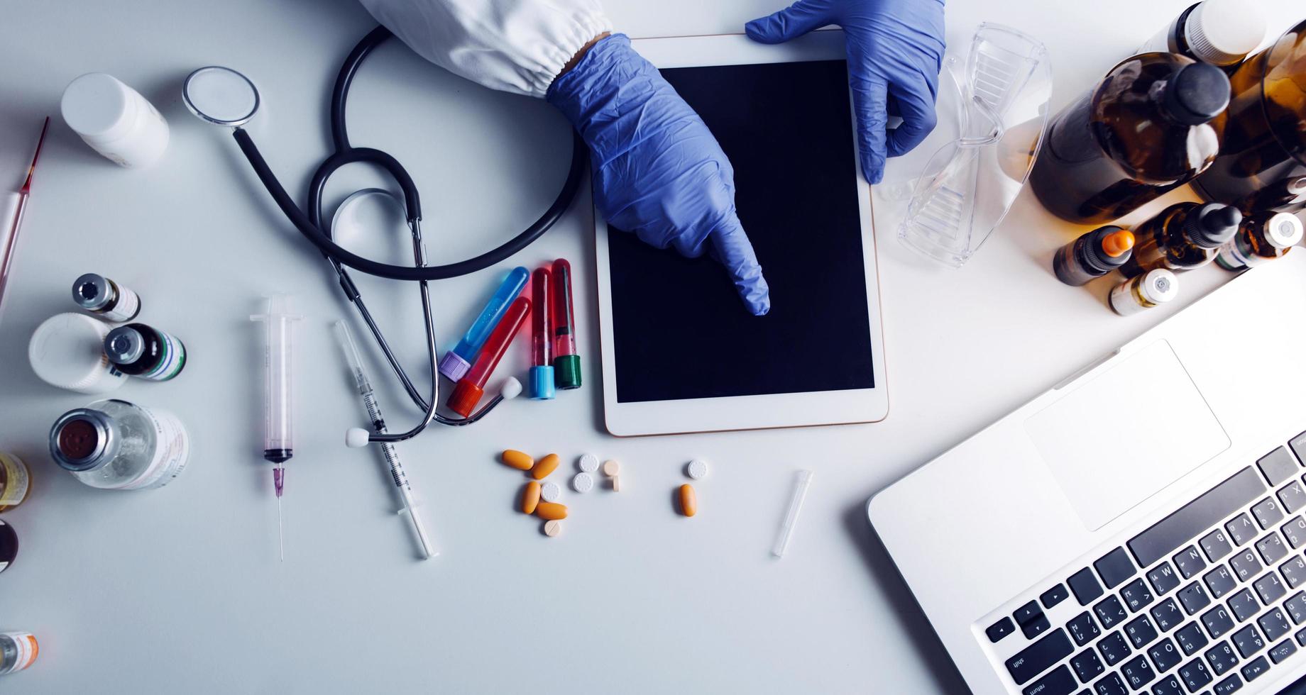 Double exposure of technology healthcare And Medicine concept. Doctors using digital tablet and modern virtual screen interface icons panoramic banner, blurred background. photo