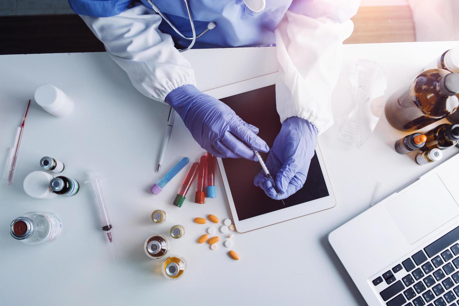 Double exposure of technology healthcare And Medicine concept. Doctors using digital tablet and modern virtual screen interface icons panoramic banner, blurred background. photo