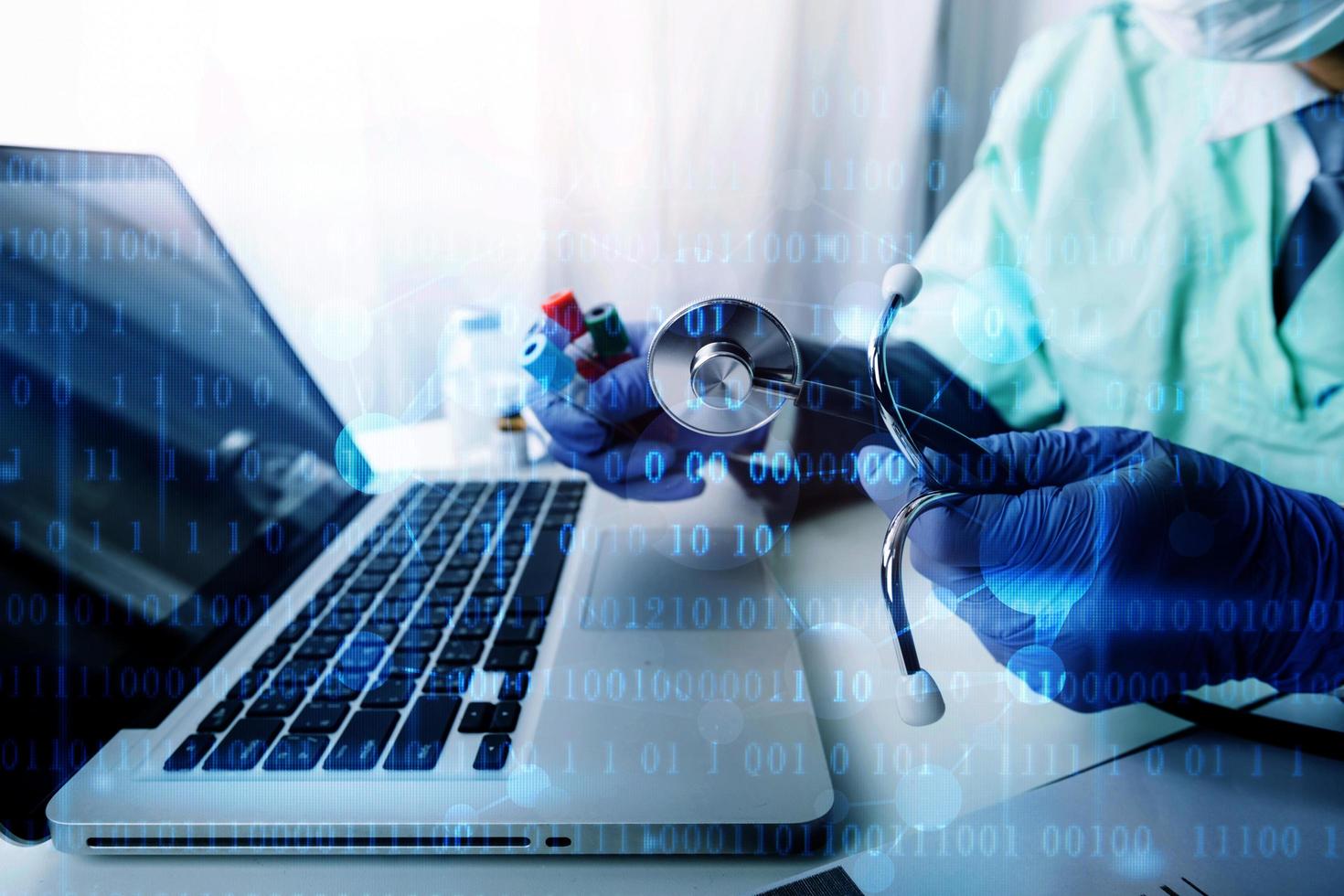 Double exposure of technology healthcare And Medicine concept. Doctors using digital tablet and modern virtual screen interface icons panoramic banner, blurred background. photo
