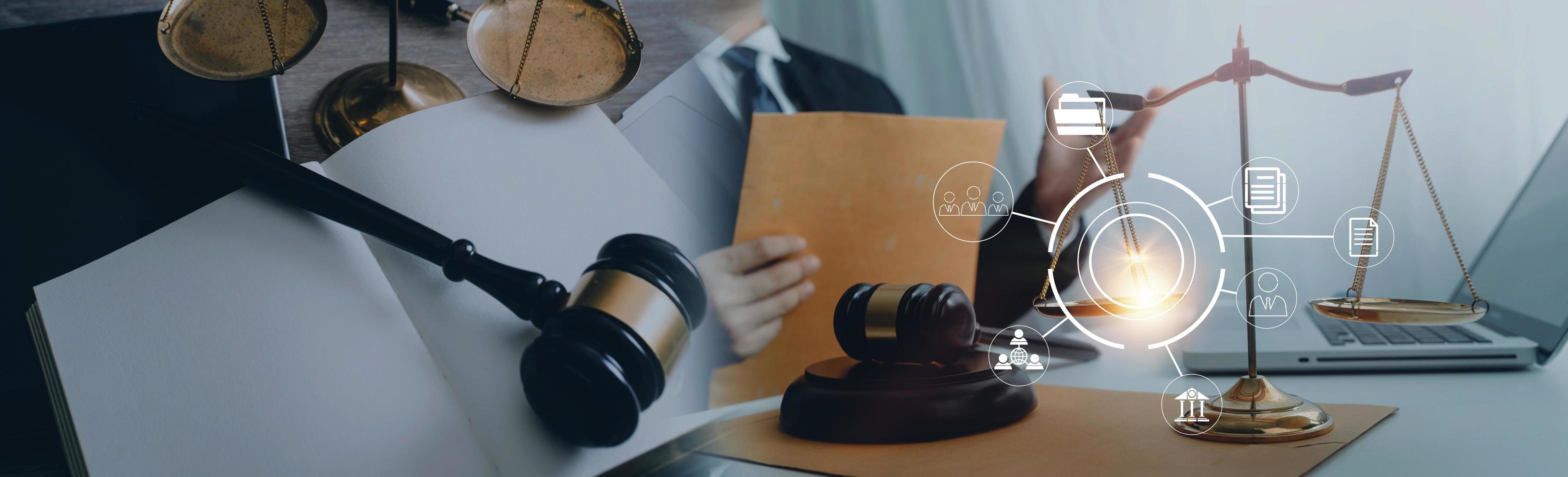 Justice and law concept. Gavel on sounding block in hand's Male judge at a courtroom, working with document law books, report the case on table in modern office. photo
