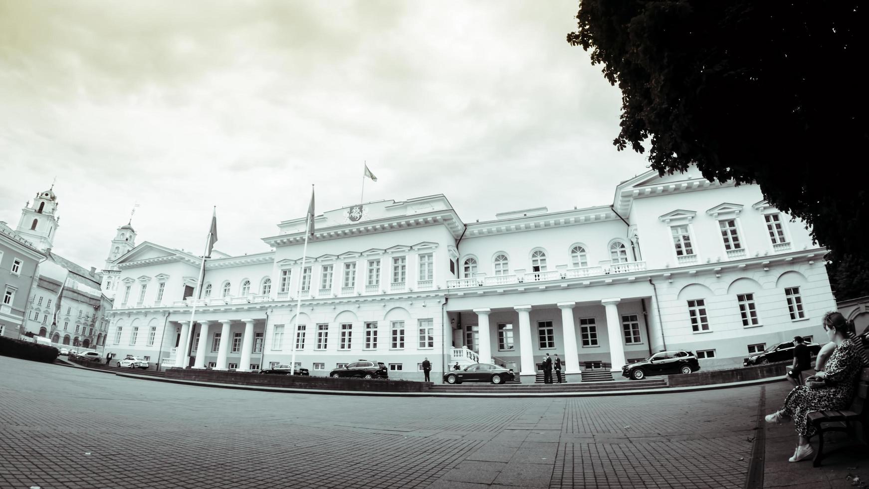 VILNIUS, LITHUANIA, JULY 1, 2021 -  building of Presidential Palace of Lithuania with guards and security photo