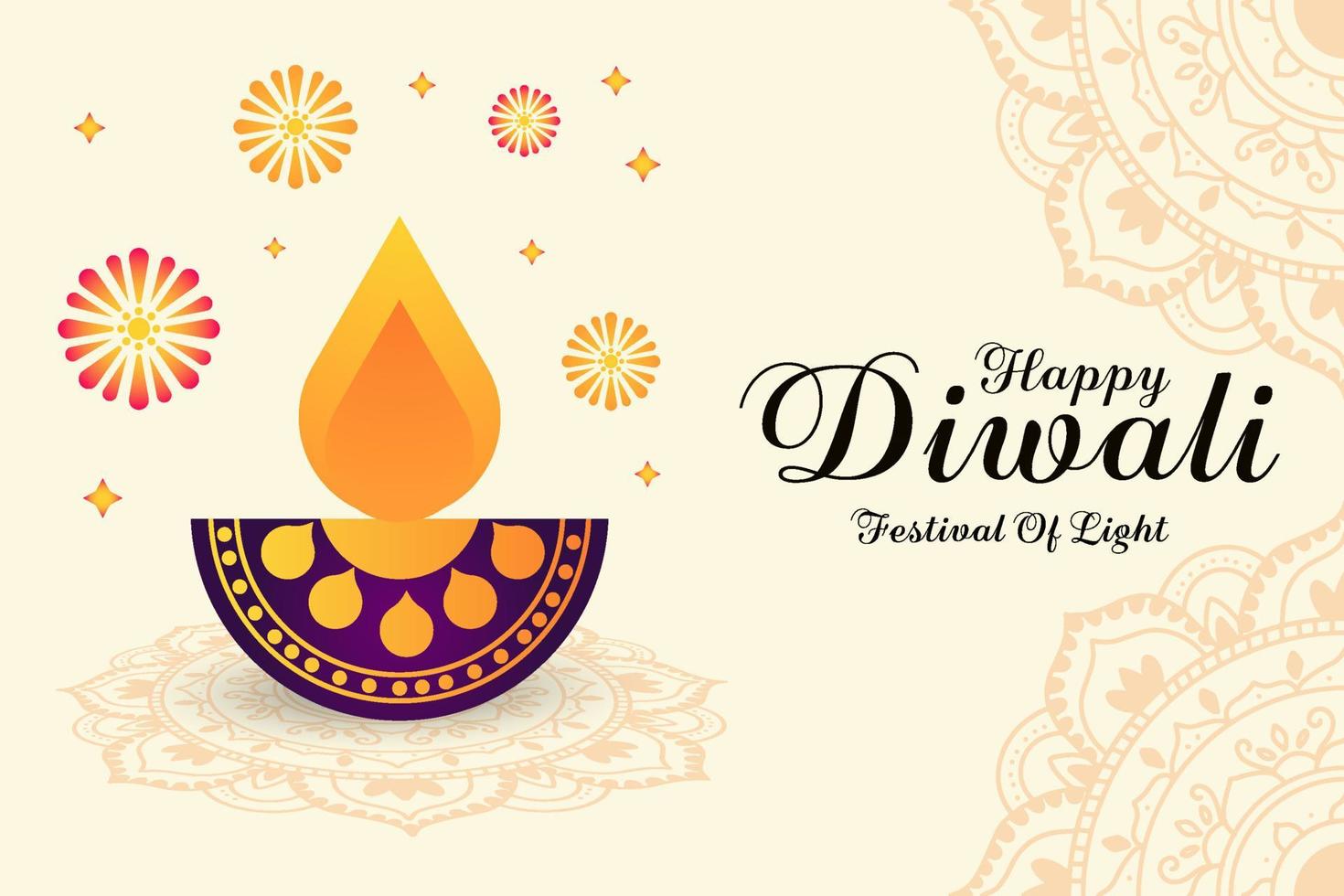 happy diwali festival of light with indian rangoli art vector