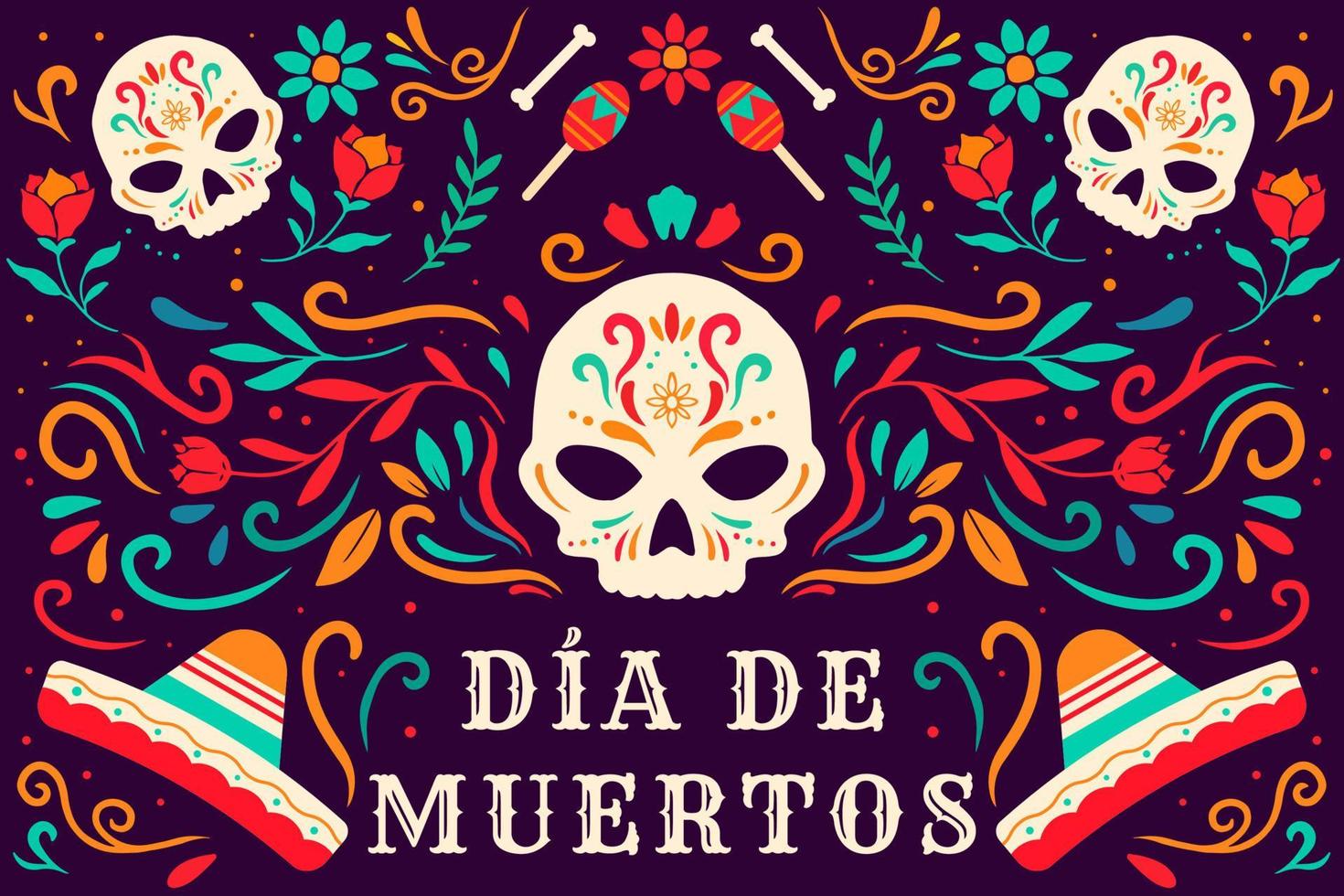 flat Dia de muertos, day of dead background illustration with ornament, sombrero, and maracas vector