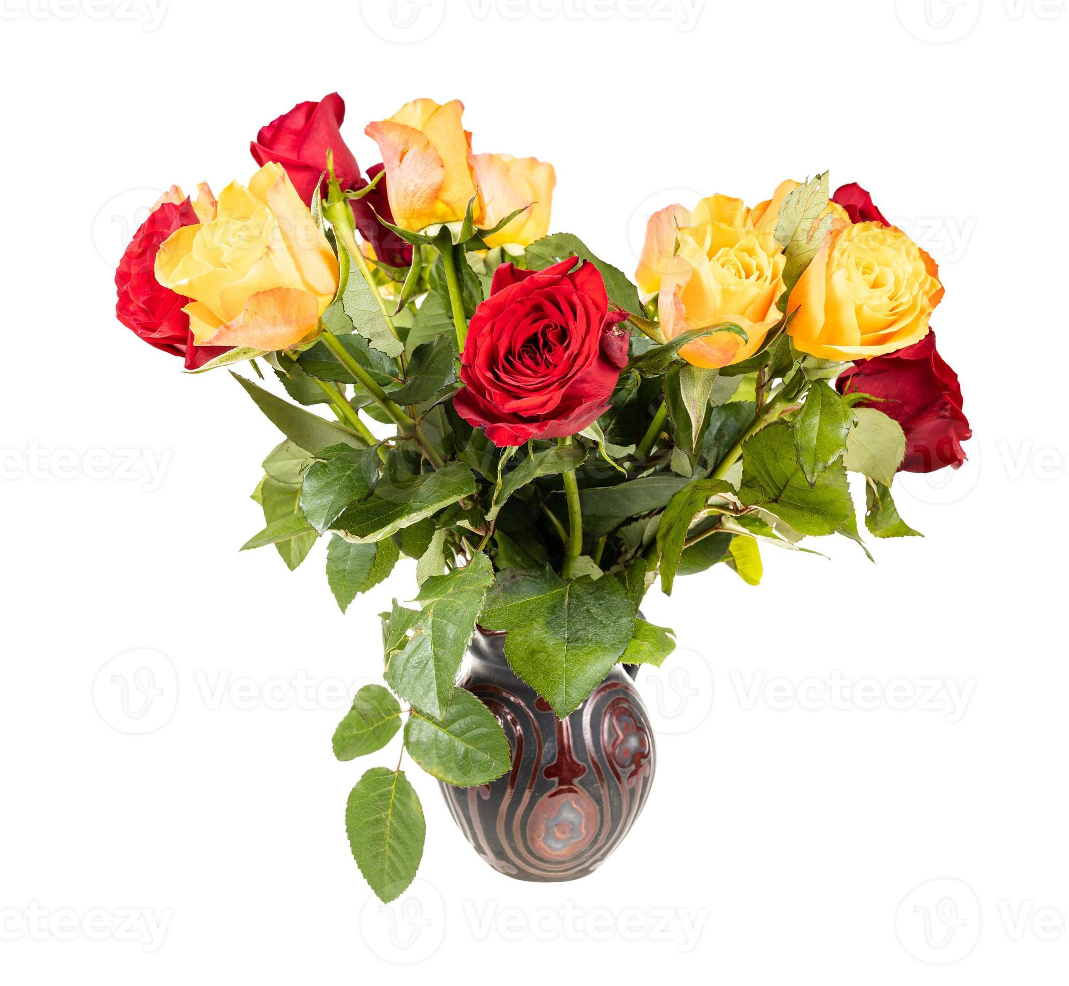 red and yellow roses in ceramic vase isolated 10816638 Stock Photo at