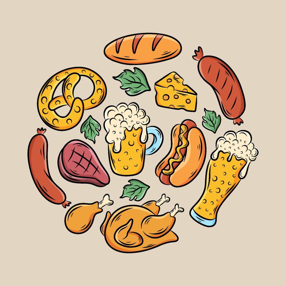 colección de iconos dibujados a mano de alimentos y bebidas de octoberfest vector