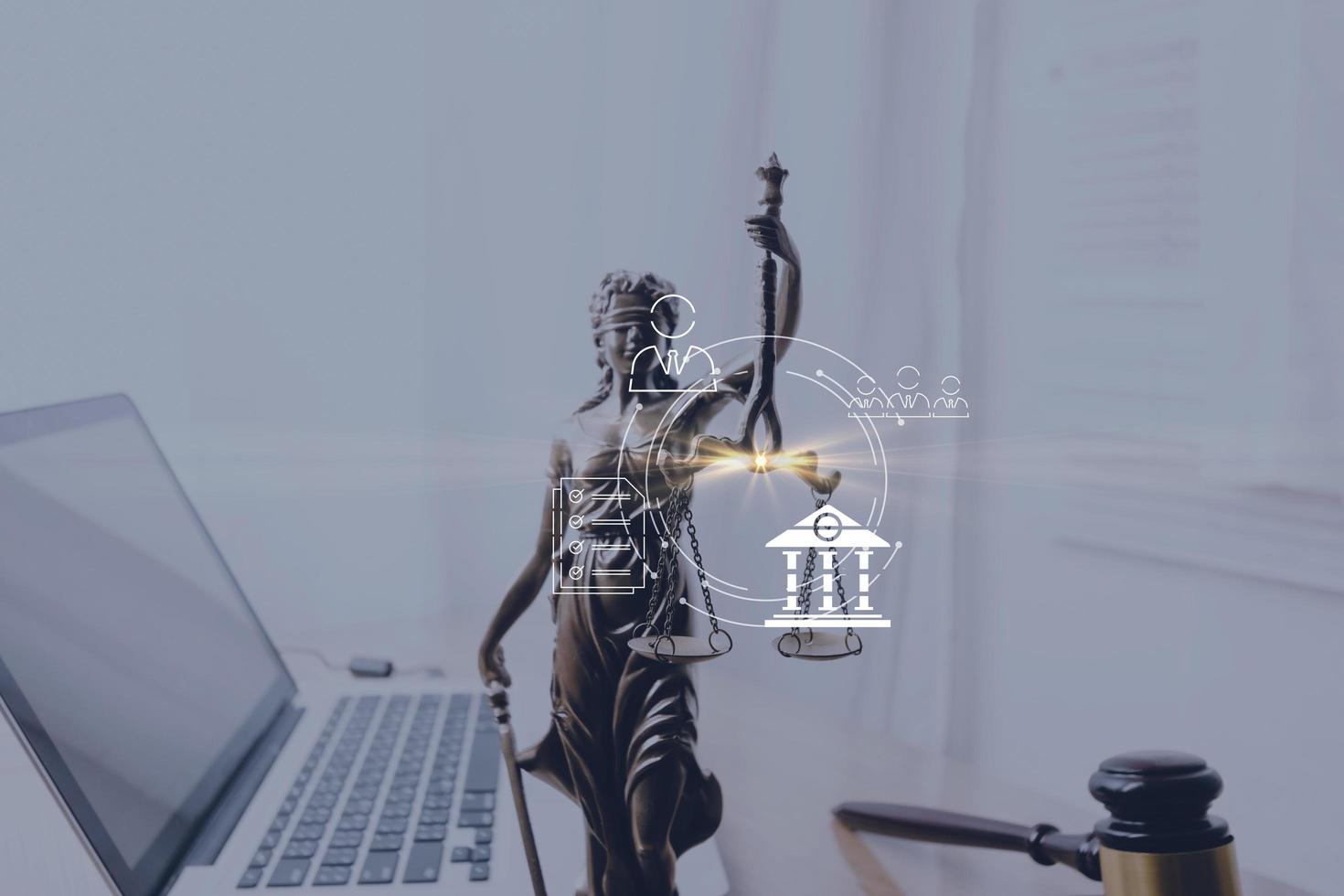 Business and lawyers discussing contract papers with brass scale on desk in office. Law, legal services, advice, justice and law concept picture with film grain effect photo