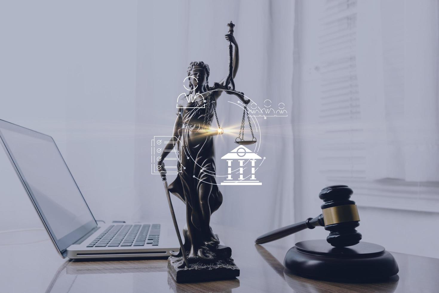 Business and lawyers discussing contract papers with brass scale on desk in office. Law, legal services, advice, justice and law concept picture with film grain effect photo