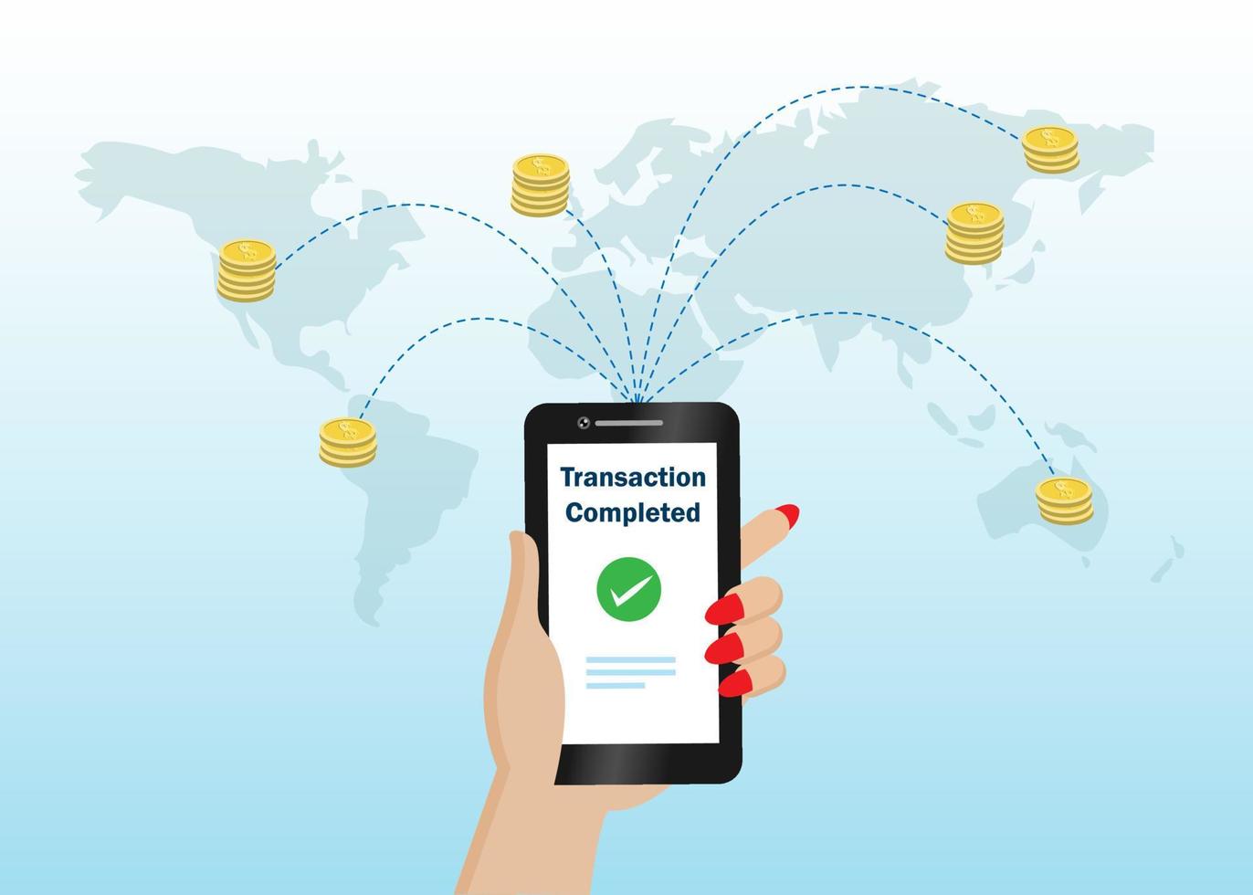 i banca, transferencia y pago de negocios financieros en todo el mundo. mano sosteniendo el teléfono inteligente usando la aplicación financiera transferir dinero en el fondo del mapa mundial. vector