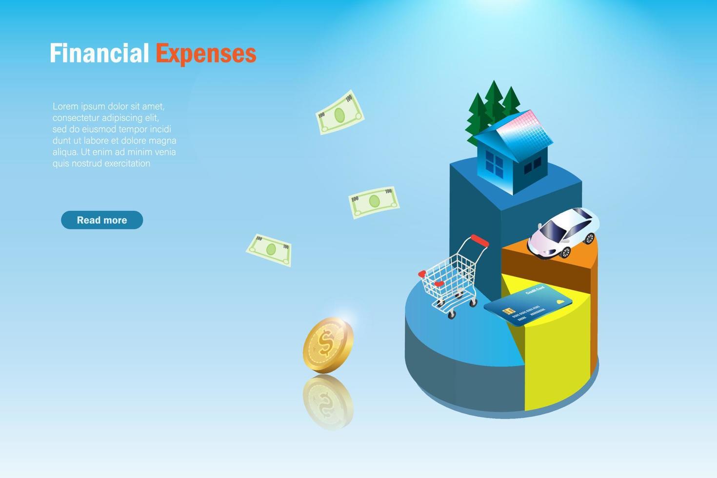 Financial expenses in 3D pie graph for home, car, shopping and credit card. Cash, money management with fixed income on high cost of living, bill expense payment, debt stress concept. vector