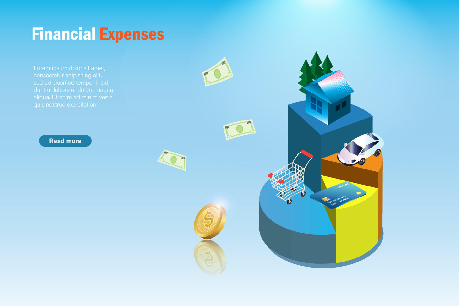Financial expenses in 3D pie graph for home, car, shopping and credit