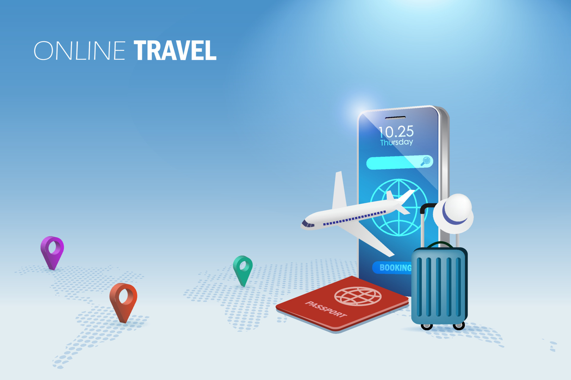 Online travel, online booking concept. Airplane flying from smartphone app with pin point on
