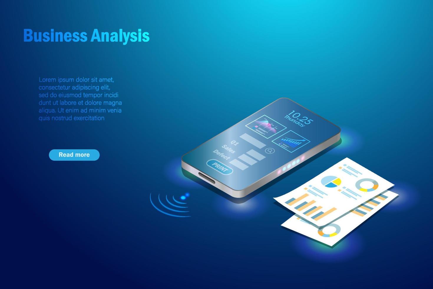 informe de análisis comercial sobre un teléfono inteligente conectado a un dispositivo de impresión a través de tecnología inalámbrica. conexión de red en línea, tecnología de innovación empresarial y transferencia de intercambio de datos. vector