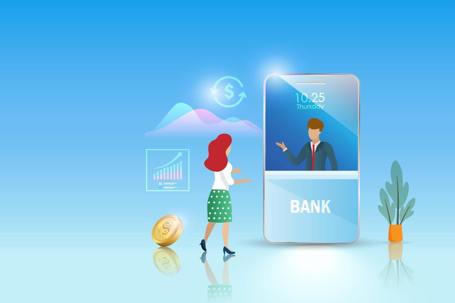 Internet banking. Woman exchange money, online payment transfer and deposit at mobile banking application on smartphone. Virtual digital bank service and financial technology. vector