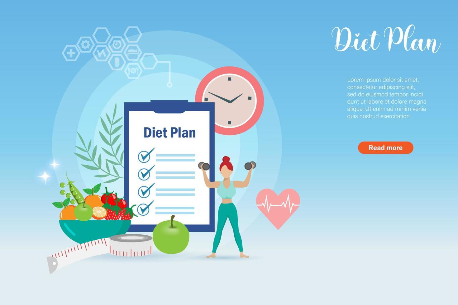 Diet plan check list and weight control. Active woman exercising on dumbbell with healthy foods. Balancing appropriated nutrition and exercising for healthy body. vector