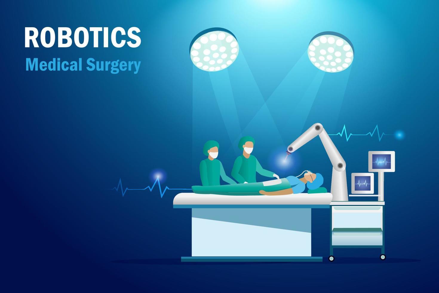 Doctor use robotic arm operating patient in surgical room in hospital. AI intelligence software innovation technology in medical and health care industry. vector